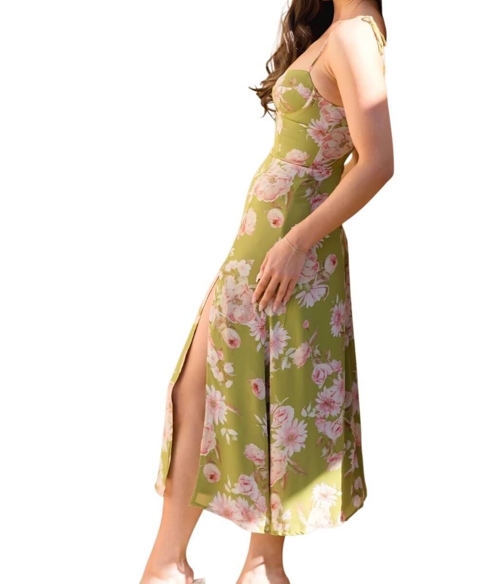 NWT Dress Forum Dress Women's Large Green Floral Passionate Thinking Midi Slit